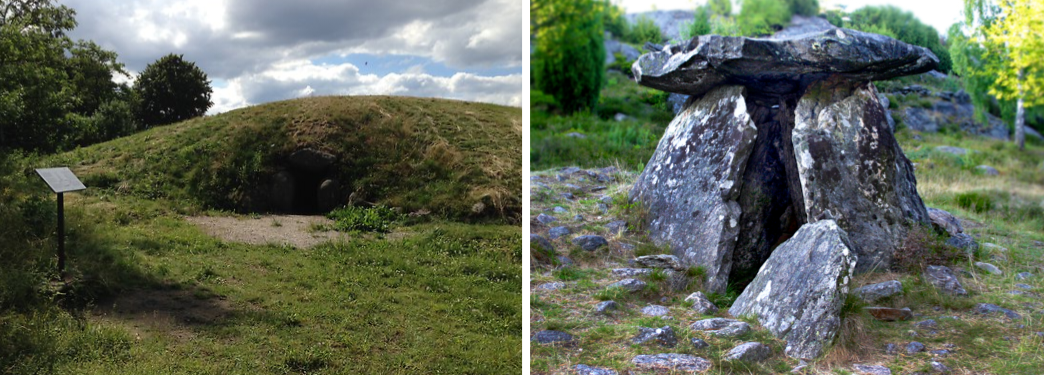 "Gillhög" skånes bäst bevarade gångrift till vänster. Bild Länsstyrelsen Skåne.
Till höger är "Hagadösen" som ligger mellan Tegneby och Stala socken. Bild Orust kommun. Ingen av dessa bilder är kopplade till utgrävningen i artikeln.